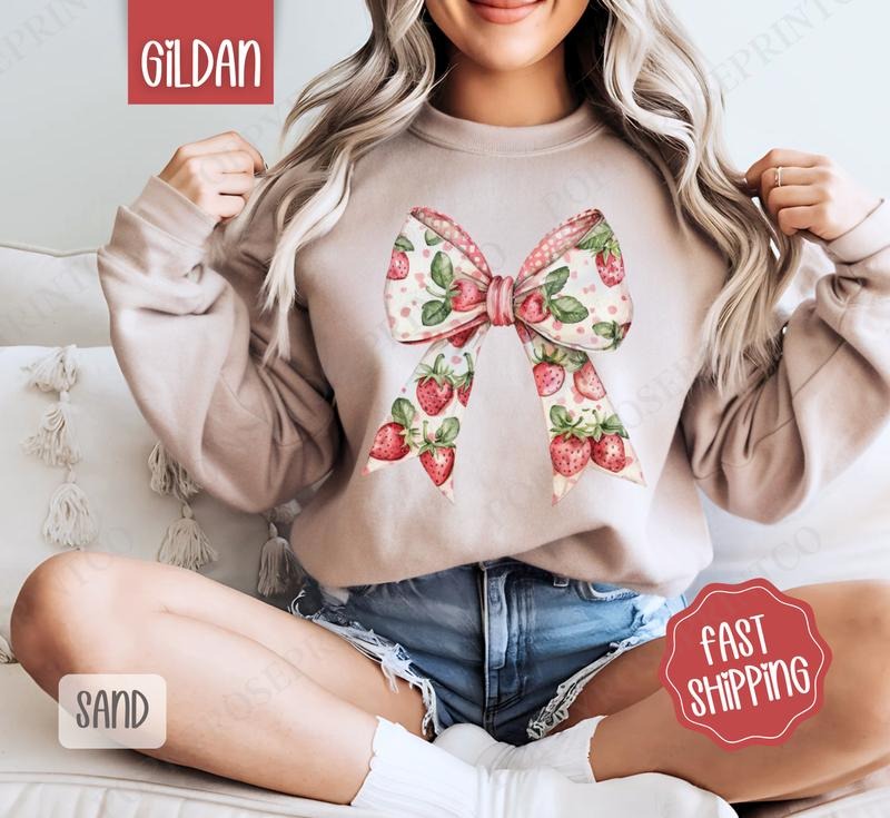 Strawberry Bow Sweatshirt, Cute Fruit Sweater, Girly Aesthetic Crewneck T-Shirts, Hoodie | DripVista.com