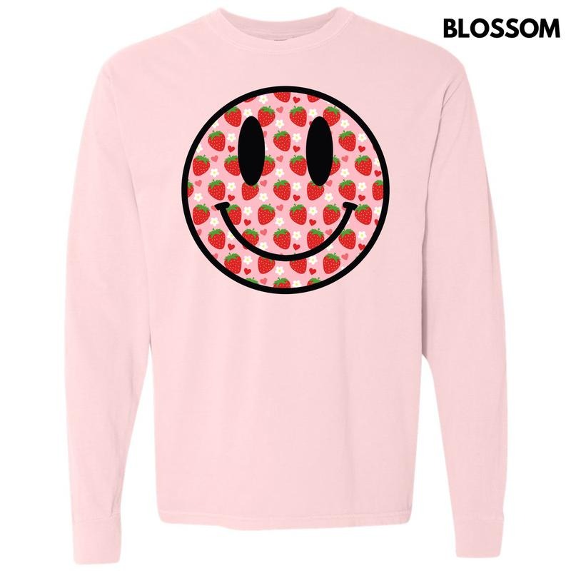 Strawberry Happy Face Long Sleeve Comfort Colors T-Shirt 'NLB' Hoodie, Sweatshirt | DripVista.com