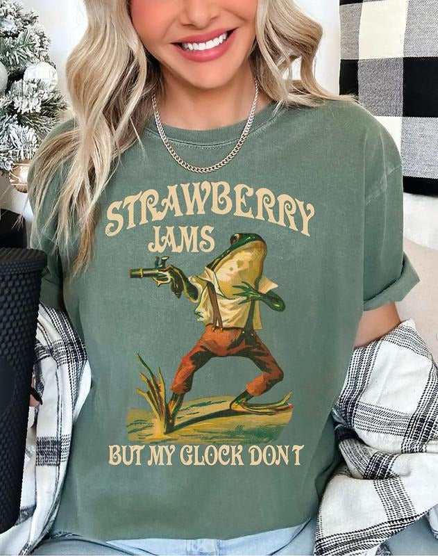Strawberry Jams But My Glock Don't Shirt, 90s Graphic T-Shirt, Funny Frog Shirt, Funny Meme TShirt, Cottagecore Weird Tee...
