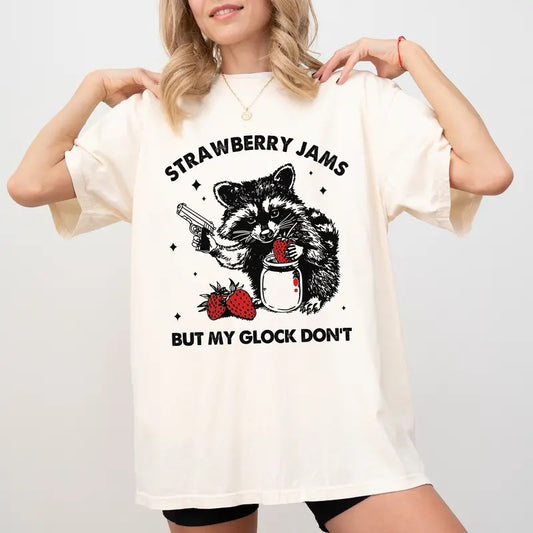 Strawberry Jams Shirt, Raccoon Meme Tee, Trash Panda Shirt, Funny Saying Graphic Printed Tee, Women's Tops, Womenswear, Cotton Fabric Tee