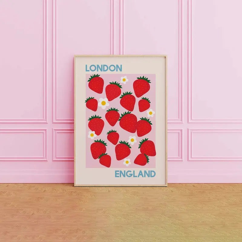 Strawberry London England Print, Red And Pink Kitchen Art Print, Cute Wall Art, Gifts For Women Wall Art, Poster Prints...