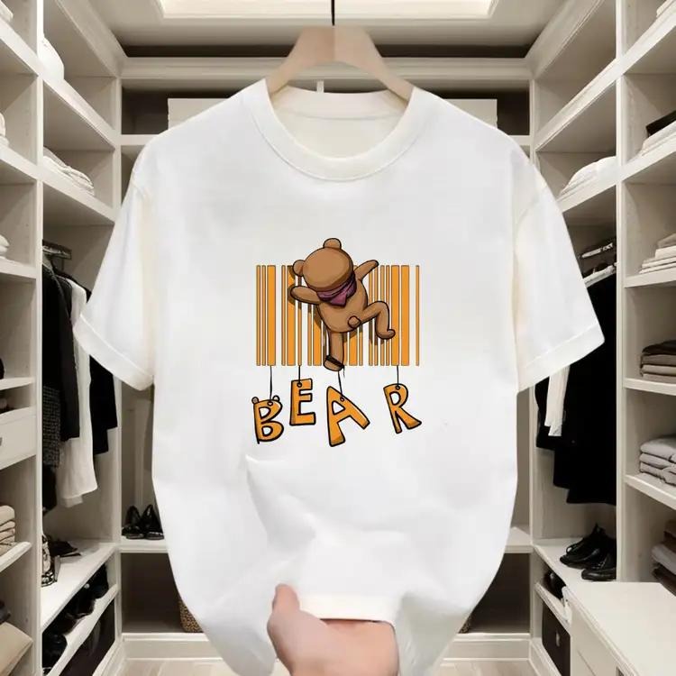 Street - style Cotton Tee |   Fun Bear - Barcode Graphic, Ideal for Daily Wear