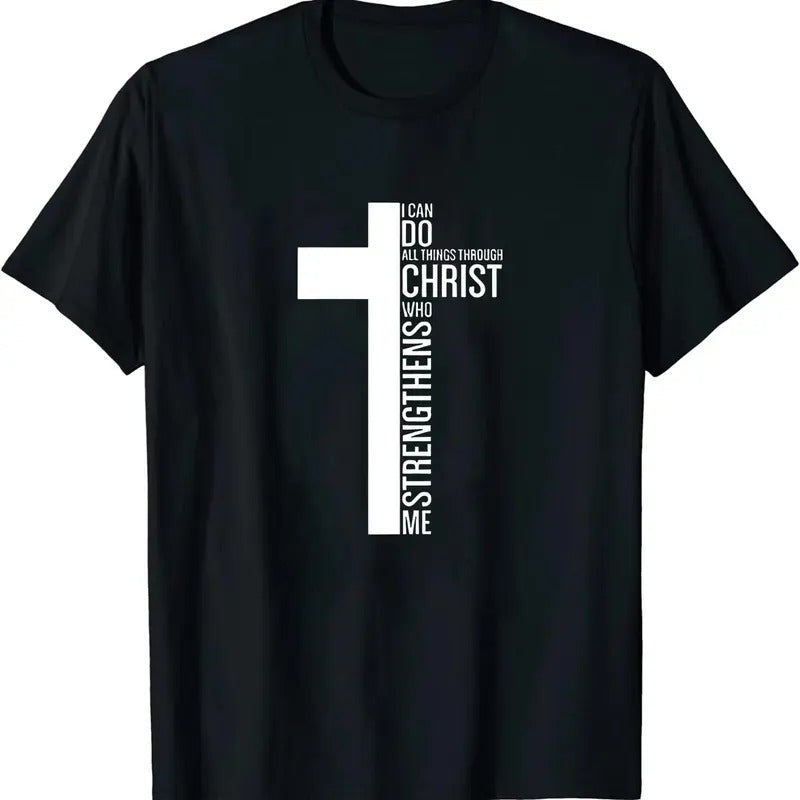 Strengthens Me Cross T-Shirt Cotton Tee Earthy Black Women Outfits Hoodie, Sweatshirt | DripVista.com