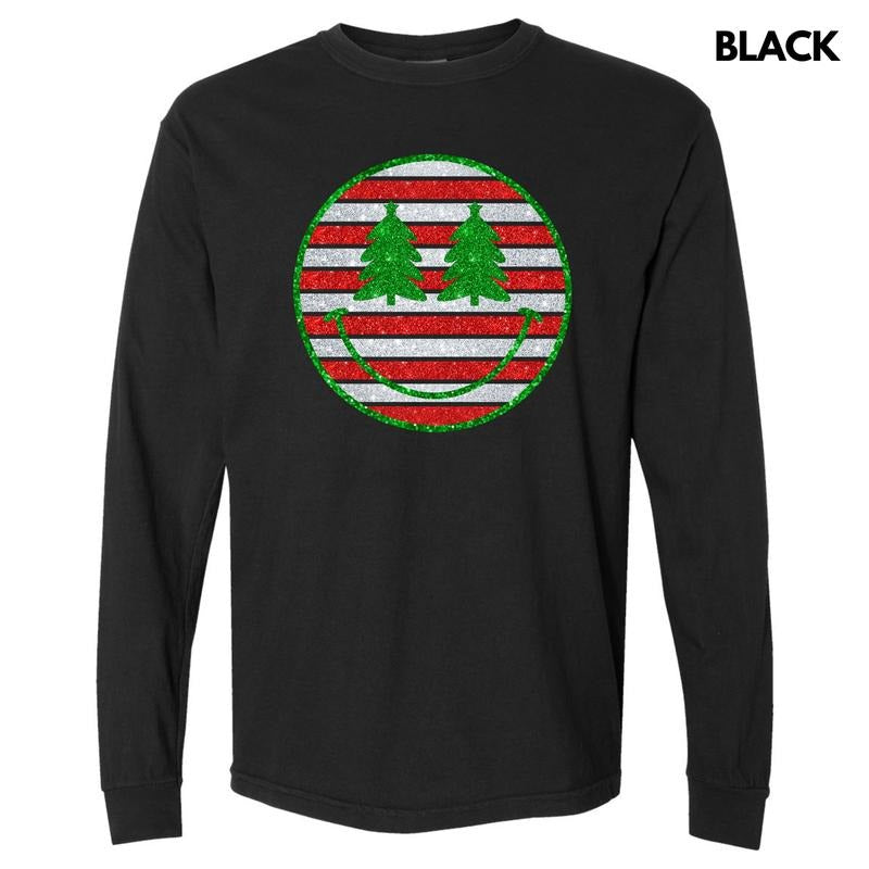 Striped Christmas FAKE Glitter Happy Face Long Sleeve Comfort Colors T-Shirt 'NLB' Hoodie, Sweatshirt | DripVista.com