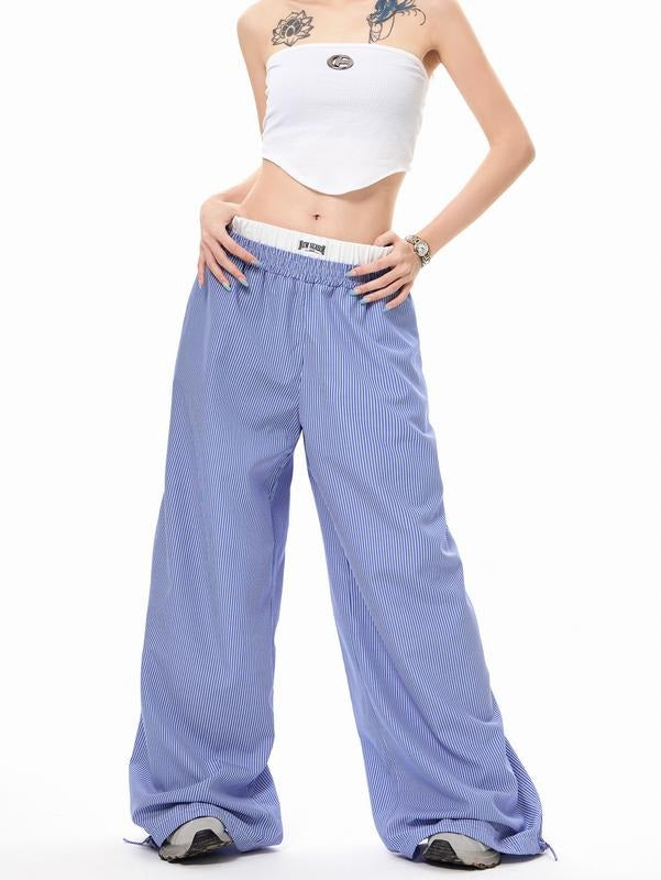 Striped Wide Leg Elastic High Waisted Casual Pants with Pockets T-Shirts, Hoodie, Sweatshirt | DripVista.com
