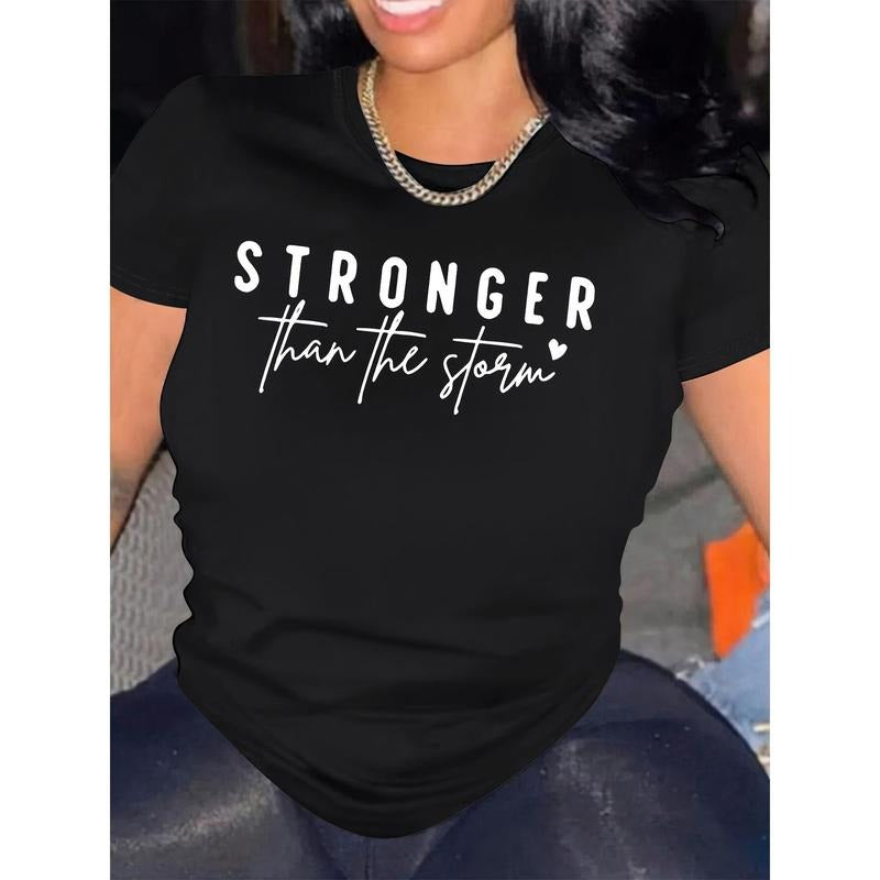 Stronger Than TNF Storm Letter Print T-shirt, Short Sleeve Crew Neck Casual Top For Summer & Spring, Women'WB shield...