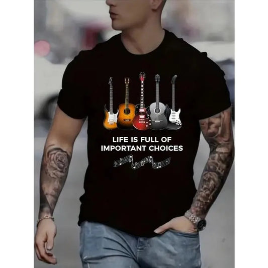 Stylish 3D Guitar Print T-Shirt - Vibrant Digital Music Note Pattern, Short Sleeve, Crew Neck, Chic Summer Tees for Men - Leisurewear Essential Made in USA