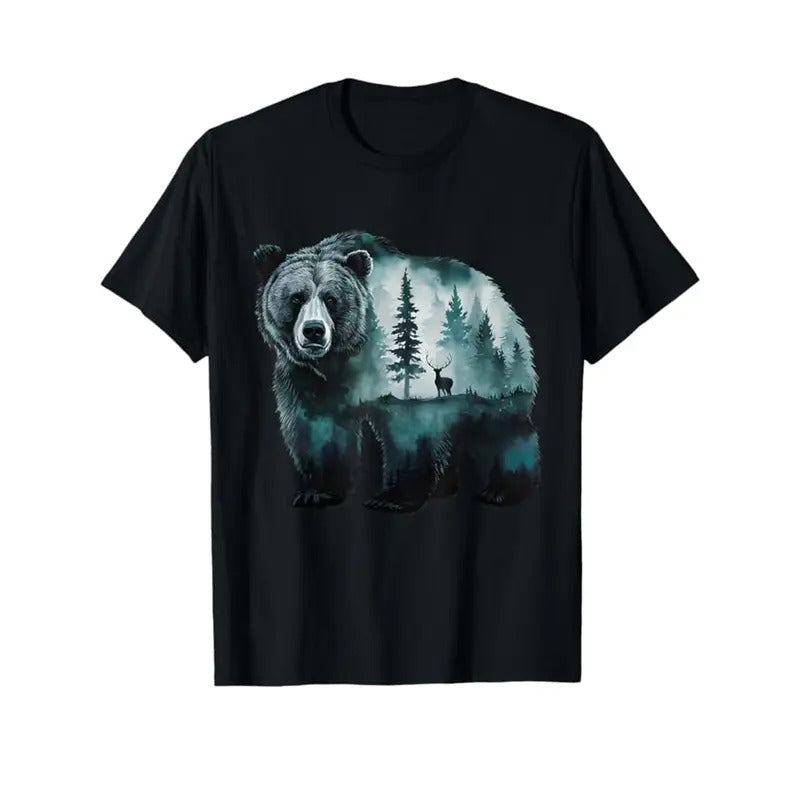 Stylish Bear Print Cotton Crew Neck T-Shirt for Men - Short Sleeve Casual Tee - Comfortable Men's Clothing for Everyday Wear Made in USA
