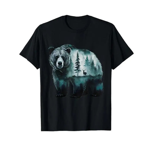 Stylish Bear Print Cotton Crew Neck T-Shirt for Men - Short Sleeve Casual Tee - Comfortable Men's Clothing for Everyday Wear Made in USA