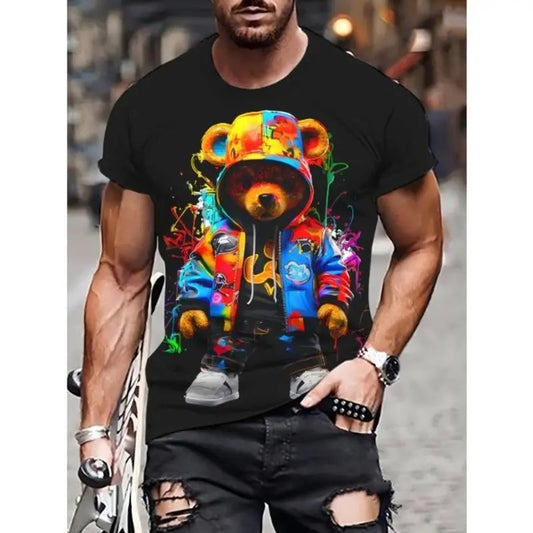 Stylish Bear Print T-Shirt for Men - Soft, Breathable Polyester, Machine Washable, Round Neck, Casual Fashion Tee with 3D Design Made In USA