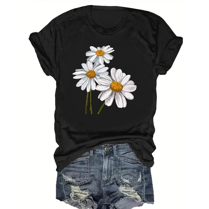 Stylish Daisy T-Shirt Three Small Daisy Printed Short-Sleeve T-Shirt- Casual Women'WB shield Top Hoodie, Sweatshirt