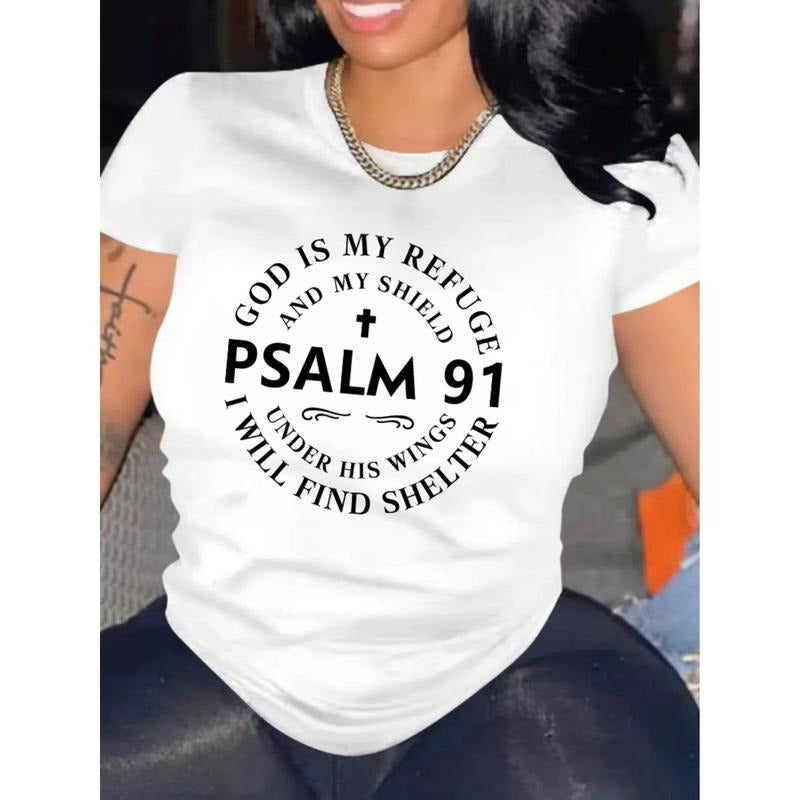 Stylish Faith-Inspired Graphic Tee- FOG Short Sleeve Comfort Fit Top with Psalm 91 Letter Print- Women'WB shield Casual...