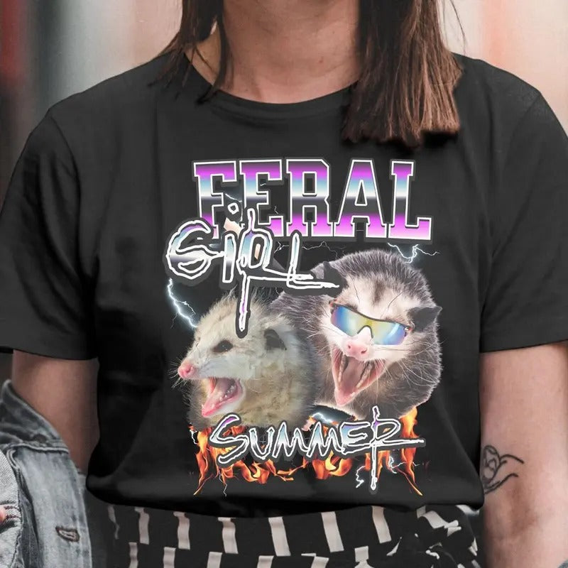 Stylish Feral Girl Summer Opossum Shirt,funny summer tshirt,Funny Meme Opossum Lightsaber brand Shirt,Feral Shirt,Cowgirl...
