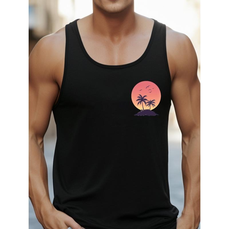 "Stylish Men'WB shield Vest with WB shield Minimalist Gunpla brand Trendy Palm Trees - at - Sunset Design, Perfect for Effortless Summer Wear"