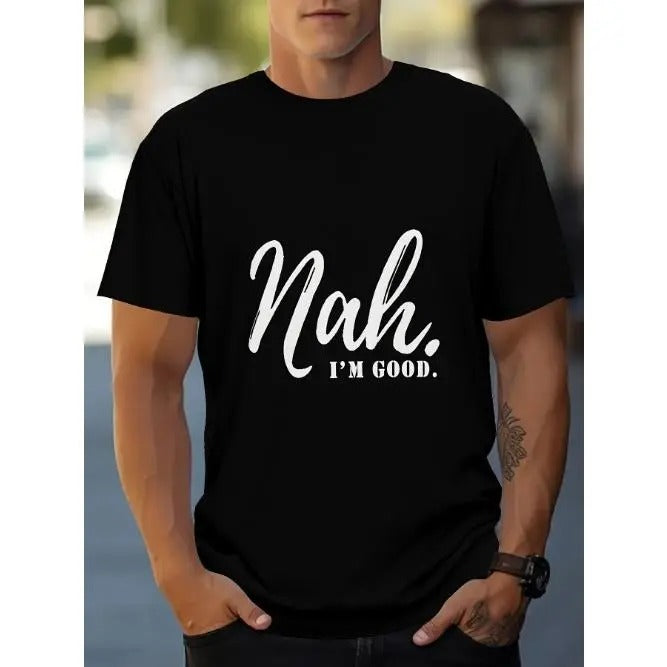 Stylish Nah Print Crew Neck Tee - Soft, Breathable, Short Sleeve, Casual Wear for Outdoor Activities