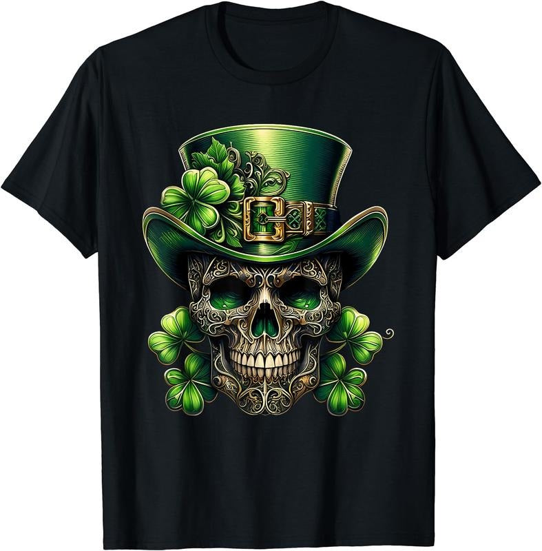 Sugar Skull St Patrick Day of the Dead Lucky Shamrock T-Shirt | Unisex Cotton Tee, Short Sleeve, Crewneck, Size S-5XL...