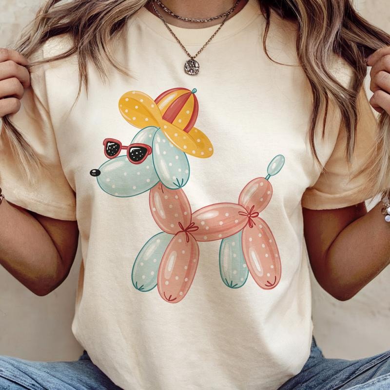 Summer Balloon Dog Graphic Tee Summertime Cute Sunglasses Balloon Dog Tshirt Casual Womens Top Lightweight Sublimation...