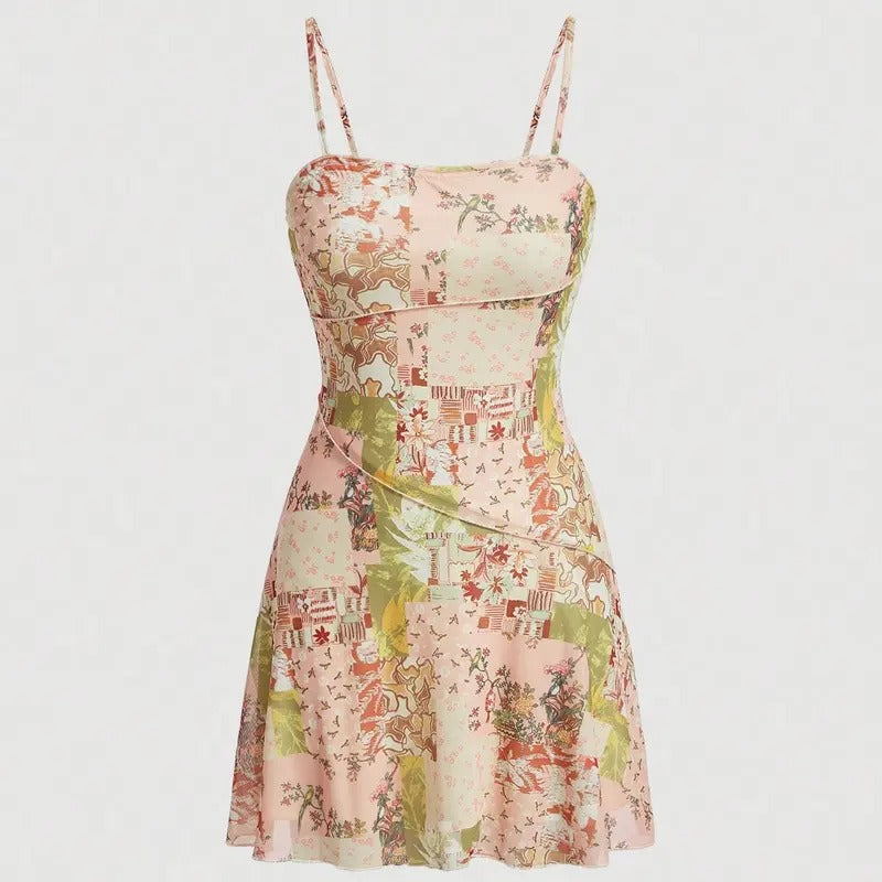 Summer Boho Patchwork Print Spaghetti Strap Flared Short Cami Dress T-Shirts, Hoodie, Sweatshirt | DripVista.com