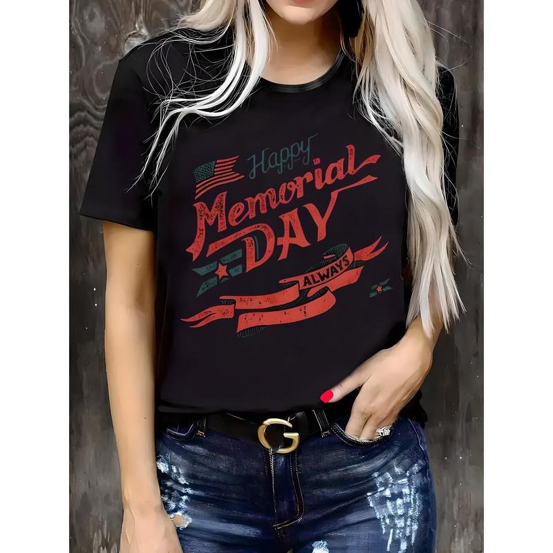 Memorial Day Women'WB shield Patriotic Round Neck Short Sleeve T-Shirt - Breathable, Light Beige-Friendly & Slimming Fit...