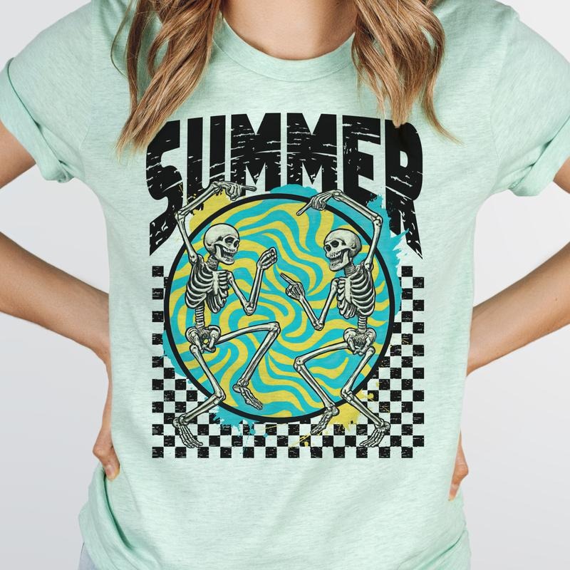 Summer Checkerboard Dancing Skeleton Graphic Tee Retro Grunge Summer Skull Tshirt Women's Casual Short Sleeve Top Hoodie,...
