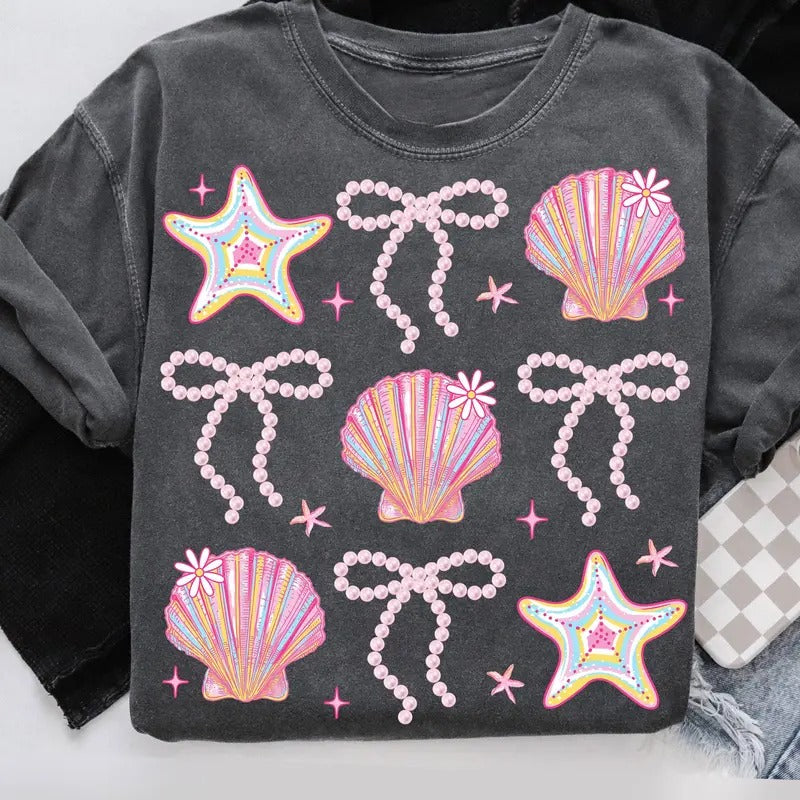 Summer Clam Coquette Shirt for Women Pink Bow Beach Vibes Retro Aesthetic Hoodie, Sweatshirt | DripVista.com