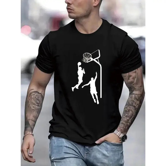 Basketball Jumping Silhouettes Print Short Sleeved T-shirt, Casual Comfy Versatile Tee Top, Men's Everyday Spring/Summer Clothing Made in USA