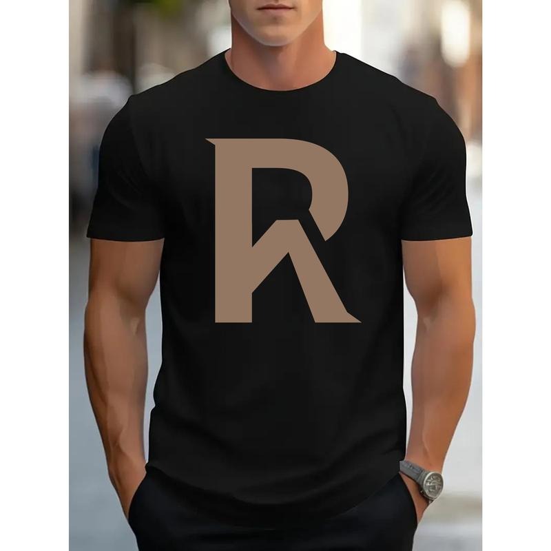 Summer Essential: Men's Breathable Cotton Casual Street Style T-Shirt with Simple Letter R Design - Round Neck, Short Sleeve, Perfect for Warm Weather Made in USA