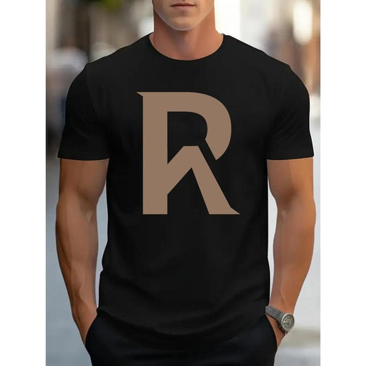Summer Essential: Men's Breathable Cotton Casual Street Style T-Shirt with Simple Letter R Design - Round Neck, Short Sleeve, Perfect for Warm Weather Made in USA