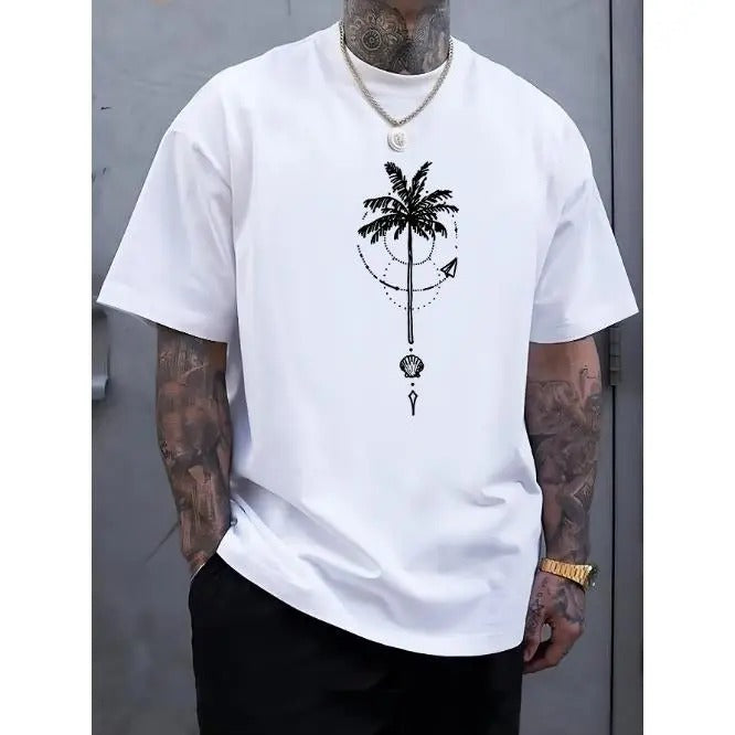 Summer Essential: Men's Crew Neck Short Sleeve Coconut Tree Graphic Print Tees, Comfortable Versatile Top for Outdoor...