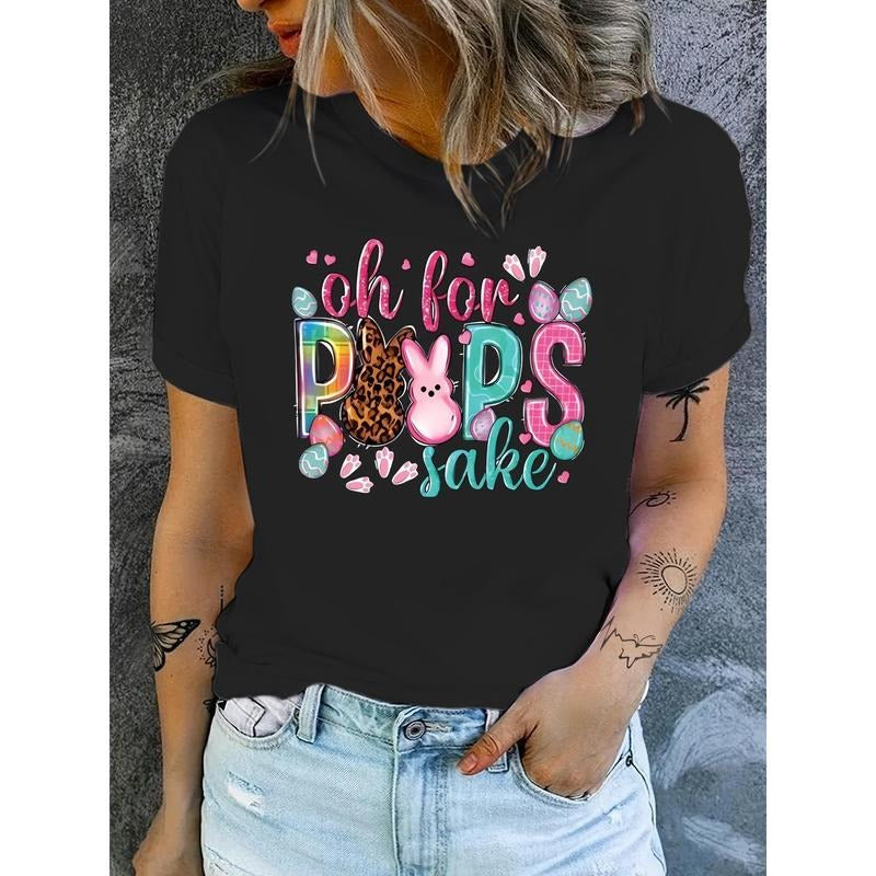 Women'WB shield Easter Poms Graphic Tee, Casual Crew Neck Short Sleeve Top, 100%, Regular Length Applique Detail,...