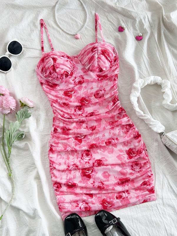 Summer Floral Corset Dress Spaghetti Strap Ruched Mesh Bodycon Vacation Mini Dresses T-Shirts, Hoodie, Sweatshirt