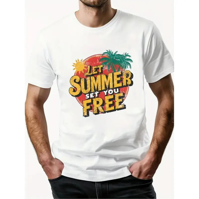 Summer Free Men's Printed T-Shirts, Stylish Short Sleeve Cotton T-Shirts, Breathable and Moisture Absorbing, Casual Summer T-Shirts, Personalized Prints - Perfect for Everyday Wear and Outdoor Activities Made in USA