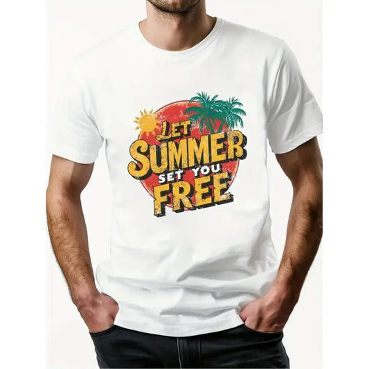 Summer Free Men's Printed T-Shirts, Stylish Short Sleeve Cotton T-Shirts, Breathable and Moisture Absorbing, Casual Summer T-Shirts, Personalized Prints - Perfect for Everyday Wear and Outdoor Activities Made in USA