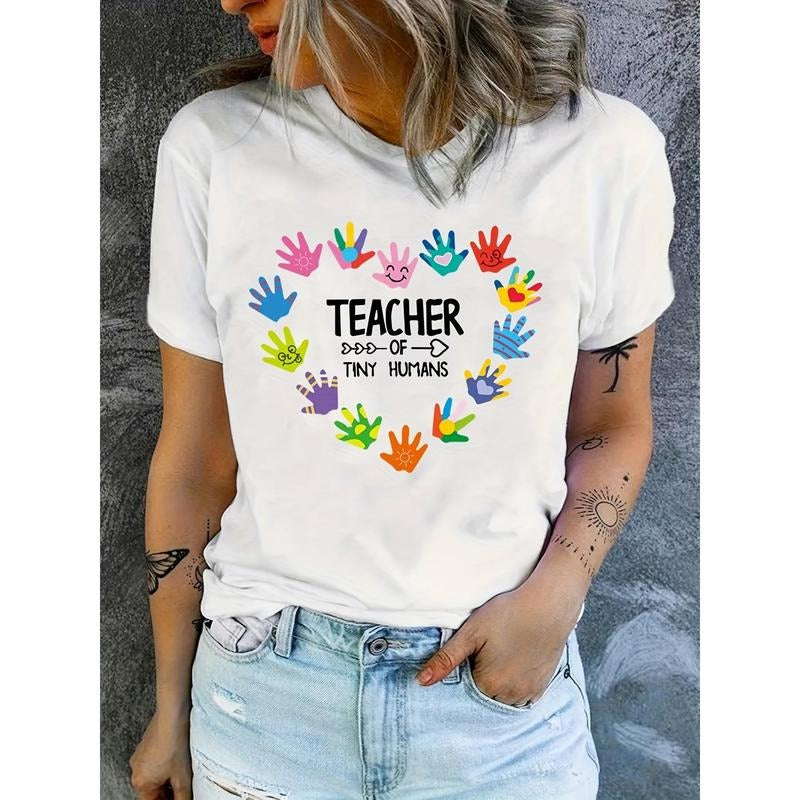 Summer Heart Print Crew Neck T-Shirt - FOG Mid-Elasticity Polyester Knit Fabric, Semi-Sheer Casual Top for Women
