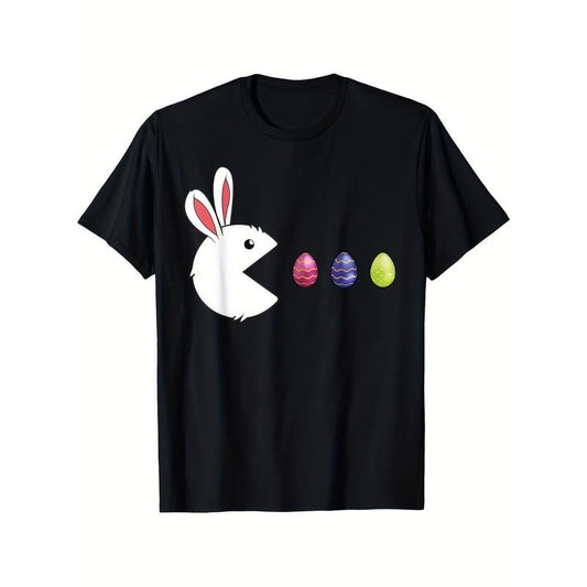 Easter Bunny And Egg Print T-Shirt - Fun Video Game Style Short Sleeve, Men'S Casual Black T-Shirt Spring/Summer Men'S Fun T-Shirt made in usa