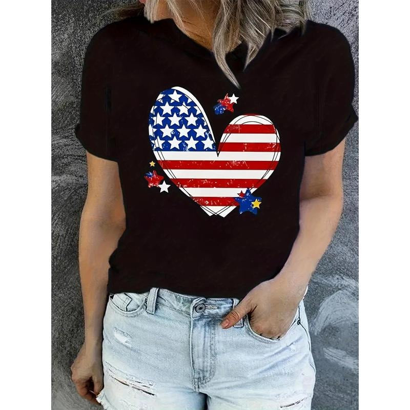 Women'WB shield Casual Patriotic Heart Print T-Shirt