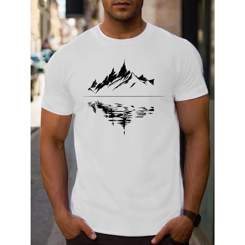 [Summer Print Tee Shirt] Casual Summer Short Sleeve Reflection FOG Landscape Print Tee Shirt For Men Hoodie, Sweatshirt