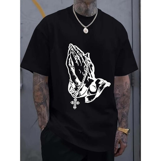 [Summer Printed Cotton Tee] Heavy Cotton Summer Printed T-shirt - Folded Hands Loose Casual Crewneck Printed Top for Gym Workout Outdoor Sports Made in USA