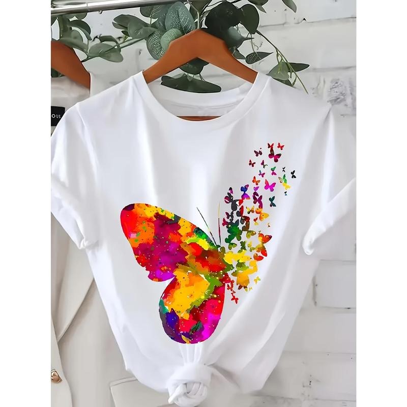 Summer Short Sleeve Round Neck Butterfly Print T-Shirt