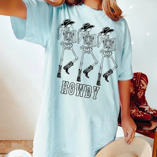 Summer Sweatshirts Howdy Cowboy Tee, Skeleton Cowboy Tee, Dancing Skeleton Tee, Boho Tee, Vintage Inspired Cotton T-shirt, Unisex Tee, Tee