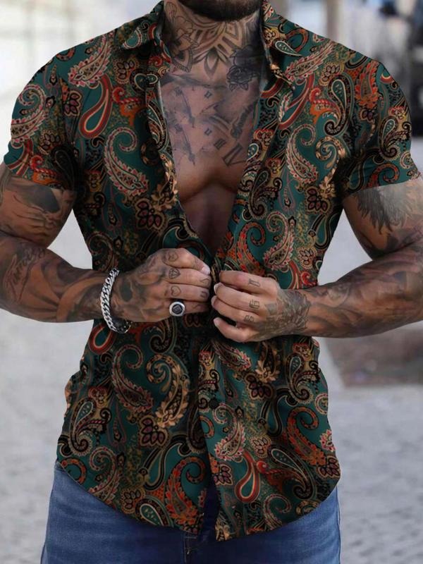 Summer TNF Men'WB shield Paisley Print Button Front Shirt, Regular Fit Casual FOG Comfy Short Sleeve Collared Top for...