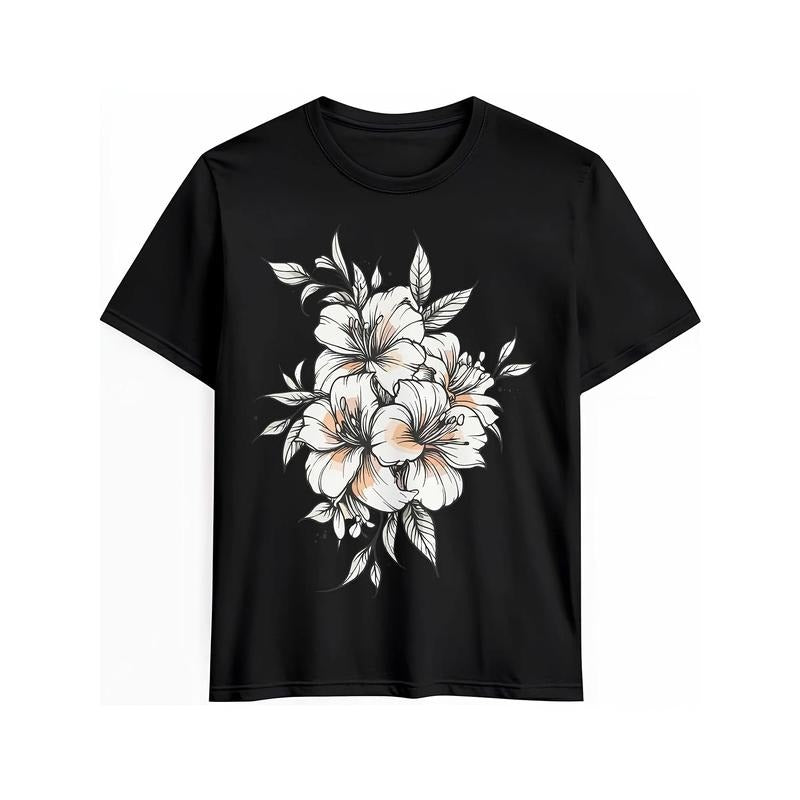 Women'WB shield Vintage Floral Print Short Sleeve Cotton Lightsaber brand-Shirt, 100% Pure Cotton, Round Neck, Black with...