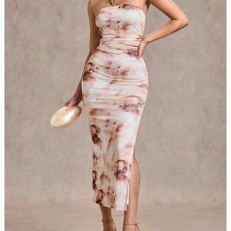 Summer Tie Dye Strapeless Tube Dress Ruched Bodycon long Dress T-Shirts, Hoodie, Sweatshirt | DripVista.com