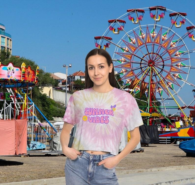 Summer Vibes Groovy Tie-Dye Crop Tee, Trendy Summer Shirt, Beach vibes Shirt