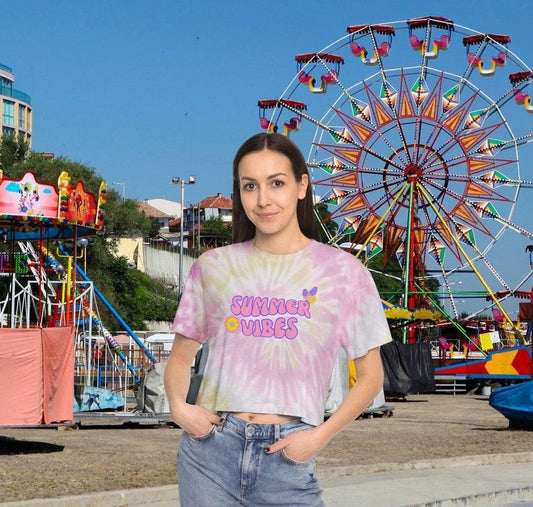 Summer Vibes Groovy Tie-Dye Crop Tee, Trendy Summer Shirt, Beach vibes Shirt
