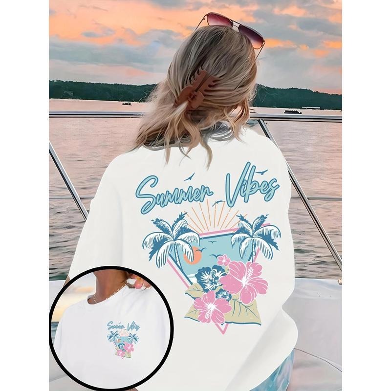 Summer Vibes Print Drop Shoulder T-shirt, Short Sleeve Crew Neck Casual Top For Spring & Summer, Women'WB shield...