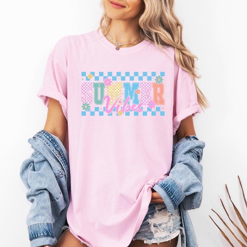 Summer Vibes, Checkered, Retro, Flowers, Floral, Comfort Colors T-Shirt, Women's Comfort Colors Tee Hoodie, Sweatshirt