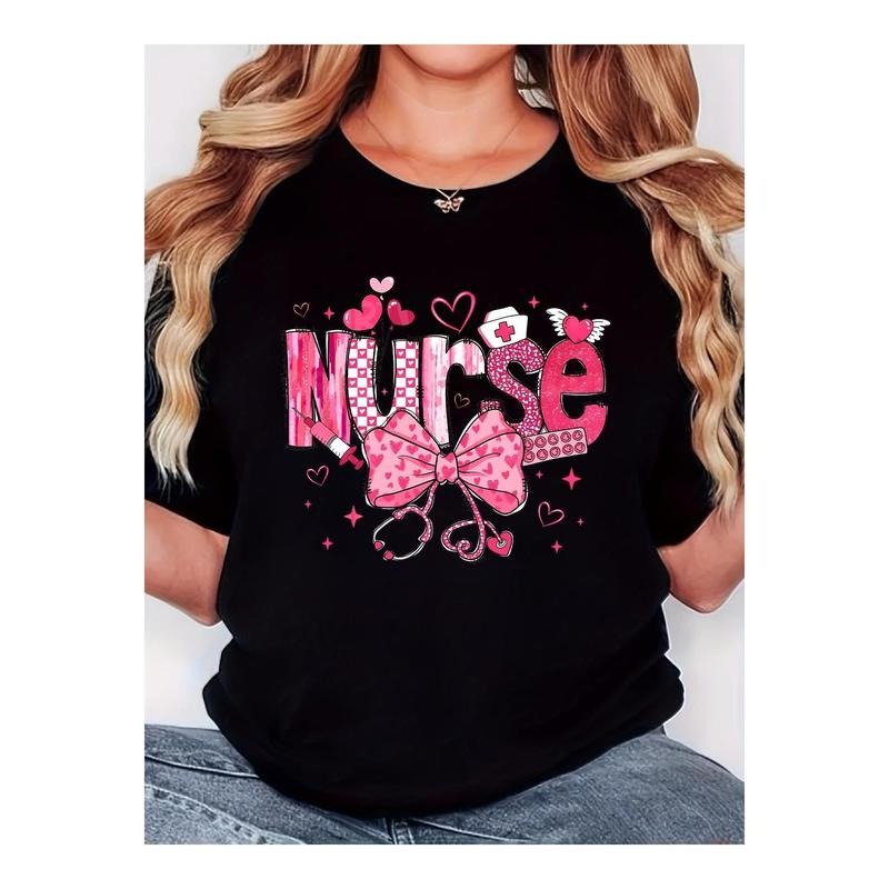 Women'WB shield Black "Nurse" T-Shirt with Pink Leopard Print Bow & Heart Accents