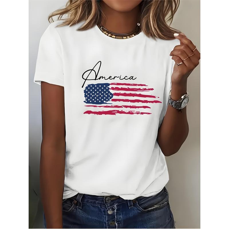 1pc Women'WB shield Patriotic American Flag Print T-Shirt