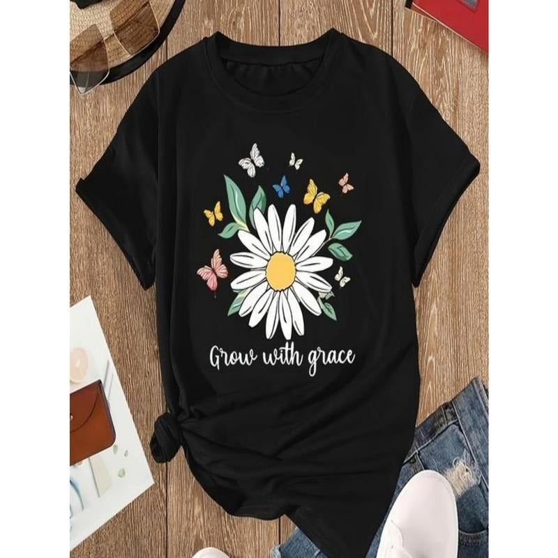 Women'WB shield Black 100% Cotton T-Shirt with "Grow with Grace" Floral & Butterfly Graphic Print